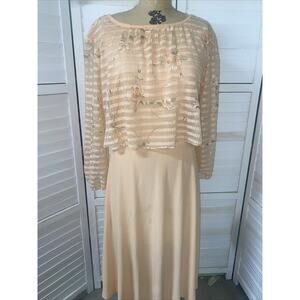 Vintage 70s Premier Row Peach Poly Disco Fit N Flare Dress Sheer Overlay Sz XLRG